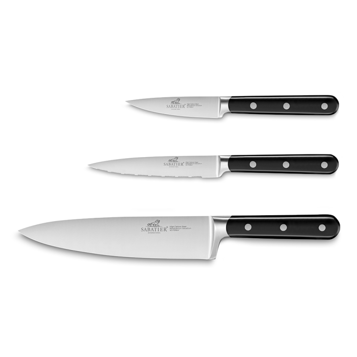 Lion Sabatier Egide 3 Piece Knife Set 10cm Paring 13cm Utility 20cm Cooks Knife Black Handle with Stainless Steel Rivets