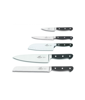 Sabatier® Pluton 5 Piece Knife Set (9cm Paring, 13cm Serrated Utility, 13cm Fluted Santoku, 20cm Cooks & 20cm Bread)