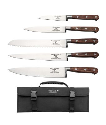 Rockingham Forge Pro Wood Series 5 Piece Set with Roll (9cm Paring Knife, 13cm Utility, 20cm Cooks Knife 20cm Bread & 20cm Carving Knife)