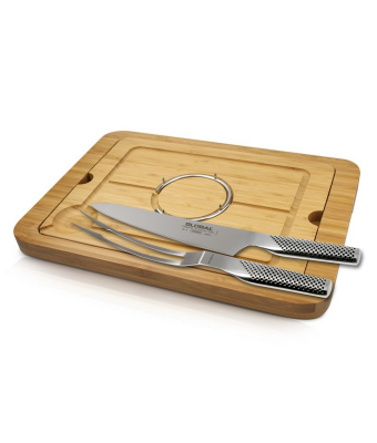 Global Knives 3 Piece Carving Set with Bamboo Spiked Meat Dish