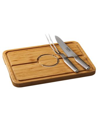 Global Knives 3 Piece Carving Set with Bamboo Spiked Meat Dish