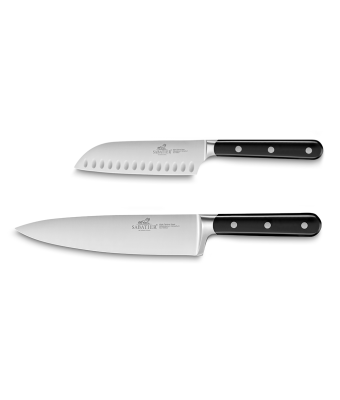 Lion Sabatier® Egide 2 Piece Knife Set - 13cm Santoku & 20cm Cooks Knife (Black Handle with Stainless Steel Rivets)