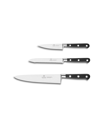 Lion Sabatier® Ideal 3 Piece Knife Set - 10cm Paring, 12cm Serrated Utility & 20cm Cooks Knife (Black Handle with Stainless Steel Rivets)