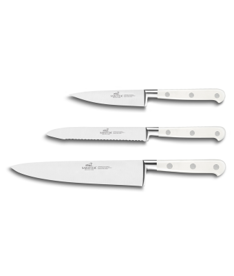 Lion Sabatier® Ideal Toque Blanche 3 Piece Knife Set - 10cm Paring, 12cm Serrated Utility & 20cm Cooks Knife (White Handle with Stainless Steel Rivets)