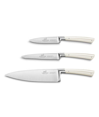 Lion Sabatier® Edonist Perle 3 Piece Knife Set - 10cm Paring, 12cm Serrated Utility & 20cm Cooks Knife (Pearl Handle with Stainless Steel Rivets)