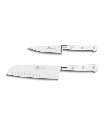 Lion Sabatier® Ideal Toque Blanche 2 Piece Knife Set - 10cm Paring & 18cm Santoku Knife (White Handle with Stainless Steel Rivets)