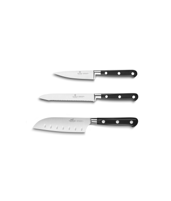 Lion Sabatier® Ideal 3 Piece Knife Set - 10cm Paring, 12cm Serrated Utility & 13cm Santoku Knife (Black Handle with Stainless Steel Rivets)