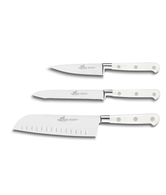 Lion Sabatier® Ideal Toque Blanche 3 Piece Knife Set - 10cm Paring, 12cm Serrated Utility & 18cm Santoku Knife (White Handle with Stainless Steel Rivets)