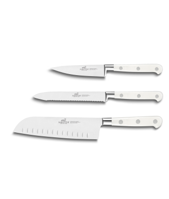 Lion Sabatier® Ideal Toque Blanche 3 Piece Knife Set - 10cm Paring, 12cm Serrated Utility & 13cm Santoku Knife (White Handle with Stainless Steel Rivets)