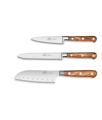 Lion Sabatier® Ideal Provencao 3 Piece Knife Set - 10cm Paring, 12cm Serrated Utility & 13cm Santoku Knife (Olive Handle with Stainless Steel Rivets)