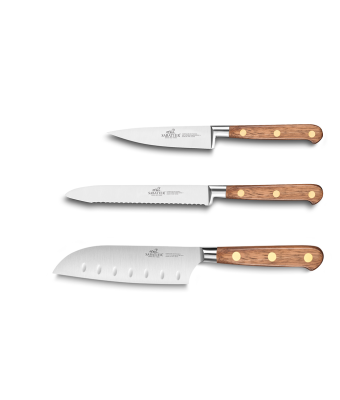 Lion Sabatier® Ideal Perigord 3 Piece Knife Set - 10cm Paring, 12cm Serrated Utility & 13cm Santoku Knife (Walnut Handle with Brass Rivets)