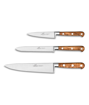 Lion Sabatier® Ideal Provencao 3 Piece Knife Set - 10cm Paring, 12cm Serrated Utility & 20cm Cooks Knife (Olive Handle with Stainless Steel Rivets)