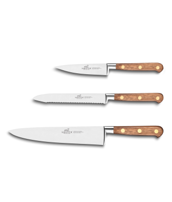 Lion Sabatier® Ideal Perigord 3 Piece Knife Set - 10cm Paring, 12cm Serrated Utility & 20cm Cooks Knife (Walnut Handle with Brass Rivets)
