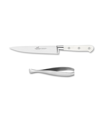 Lion Sabatier® Ideal Toque Blanche 2 Piece Set - Filleting Knife & Tweezers (White Handle with Stainless Steel Rivets)