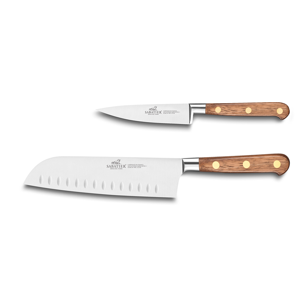Lion Sabatier® Ideal Perigord 2 Piece Knife - 10cm Paring & 18cm Santoku Knife (Walnut Handle with Brass Rivets) - KitchenKnives.co.uk